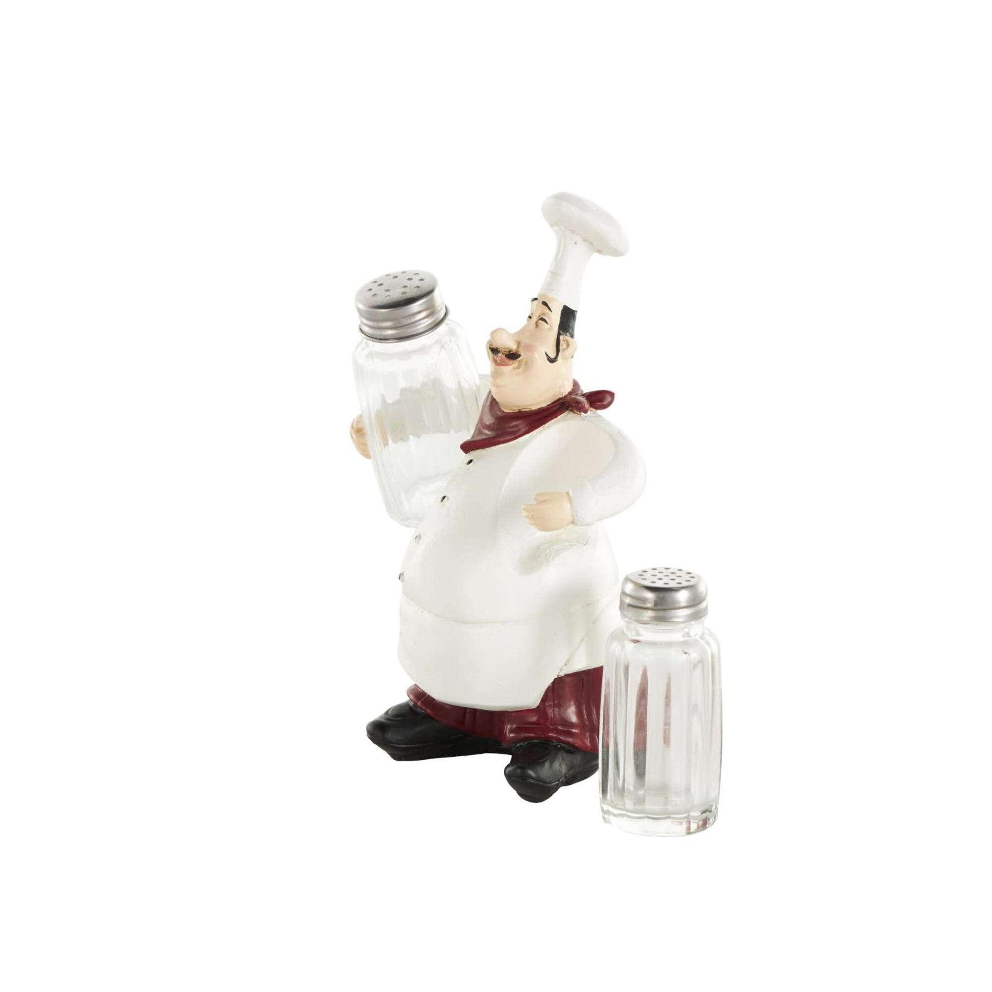 8" White Polystone Chef Figurine Salt & Pepper Shaker Holder with Red Accents